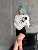 Unisex Bisiklet Yaka Baskılı Oversize T-Shirt - Beyaz thumbnail 2