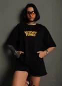 Unisex Bisiklet Yaka Baskılı Oversize T-Shirt - Siyah thumbnail 1