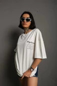Unisex Bisiklet Yaka Baskılı Oversize T-Shirt - Beyaz thumbnail 2