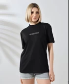 Unisex Bisiklet Yaka Baskılı Slim Fit T-Shirt - Siyah - 1