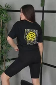 Unisex Bisiklet Yaka Baskılı Oversize T-Shirt - Siyah thumbnail 3