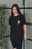 Unisex Bisiklet Yaka Baskılı Oversize T-Shirt - Siyah thumbnail 1