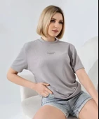Unisex Bisiklet Yaka Baskılı Slim Fit T-Shirt - Boyalı Gri - 2