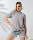 Unisex Bisiklet Yaka Baskılı Slim Fit T-Shirt - Boyalı Gri - 3