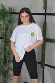 Unisex Bisiklet Yaka Baskılı Oversize T-Shirt - Beyaz - 1