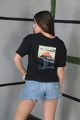 Unisex Bisiklet Yaka Baskılı Oversize T-Shirt - Siyah thumbnail 2