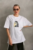Unisex Baskılı Oversize T-Shirt - Beyaz thumbnail 2