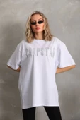 Unisex Taş Desenli Oversize T-Shirt - Beyaz - 1