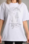 Unisex Taş Desenli Oversize T-Shirt - Beyaz thumbnail 3