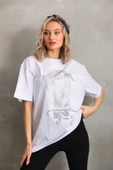 Unisex Taş Desenli Oversize T-Shirt - Beyaz thumbnail 1