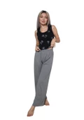 Moda Çizgi Kadın Kalın Askılı Body Bol Paça Pantolon 2`li Takım Siyah 4217 - 1