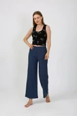 Moda Çizgi Kadın Kalın Askılı Body Bol Paça Pantolon 2`li Takım Siyah 4221 - 1
