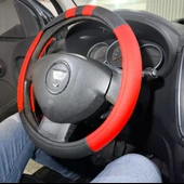 Geçme Deri Direksiyon Kılıfı - Spor Görünüm - Delikli Siyah Kırmızı Renk - 38cm - 2