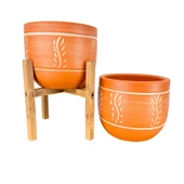 Bitki Tasarımı Ev Dekorasyon Nakış Desenli Toprak Saksı Saksılık Salon Çiçeklik İkili Set Ayaksız - 4 Ayaklı- 19 CM thumbnail 3
