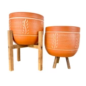 Bitki Tasarımı Nakış Desenli Toprak Saksı Saksılık Salon Çiçeklik İkili Set 3 Ayaklı- 4 Ayaklı- 19 CM thumbnail 1