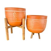 Bitki Tasarımı Nakış Desenli Toprak Saksı Saksılık Salon Çiçeklik İkili Set 3 Ayaklı- 4 Ayaklı- 19 CM thumbnail 3