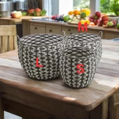 T.Concept Dekoratif Dayanıklı Oval Çok Amaçlı Hasır Sepet Gri-Beyaz Küçük Boy (S) - 5