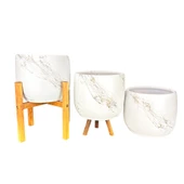 Bitki Tasarımı Beyaz Üzeri Gold Mermer Efektli Toprak Saksı Saksılık Salon Çiçeklik Üçlü Set- 19 CM thumbnail 5