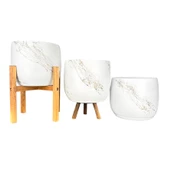 Bitki Tasarımı Beyaz Üzeri Gold Mermer Efektli Toprak Saksı Saksılık Salon Çiçeklik Üçlü Set- 19 CM thumbnail 1