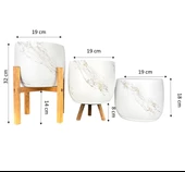 Bitki Tasarımı Beyaz Üzeri Gold Mermer Efektli Toprak Saksı Saksılık Salon Çiçeklik Üçlü Set- 19 CM thumbnail 2