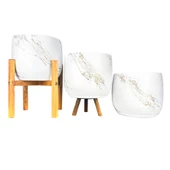 Bitki Tasarımı Beyaz Üzeri Gold Mermer Efektli Toprak Saksı Saksılık Salon Çiçeklik Üçlü Set- 19 CM thumbnail 3