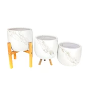 Bitki Tasarımı Beyaz Üzeri Gold Mermer Efektli Toprak Saksı Saksılık Salon Çiçeklik Üçlü Set- 19 CM thumbnail 6