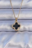 316L Çelik Gold Renk Siyah Mineli Zirkon Taşlı Yonca Figürlü Kolye - TJ-BKO9198 - 1