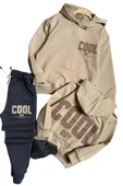 Erkek Çocuk Cool Boy Çift Baskılı Cepli Kapüşonlu Bej Sweatshirt Eşofman Takım - 3