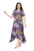 Melsay Butik Mor Patchwork Desen Asimetrik Kısa Kollu Elbise - 1