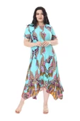 Melsay Butik Turkuaz Renkli Şal Desen Asimetrik Kısa Kollu Elbise thumbnail 1