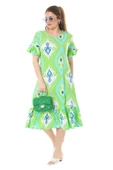 Melsay Butik Kısa Kollu Fırfırlı Cepli Yeşil Motif Desenli Midi Elbise - 1