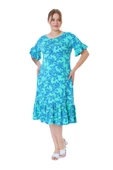 Melsay Butik Kısa Kollu Fırfırlı Cepli Turkuaz Mercan Desenli Midi Elbise - 3