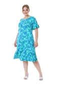 Melsay Butik Kısa Kollu Fırfırlı Cepli Turkuaz Mercan Desenli Midi Elbise - 4