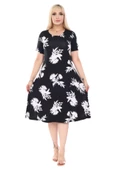 Melsay Butik Siyah Beyaz Yaprak Desen Kısa Kollu Büyük Beden Midi Elbise thumbnail 3