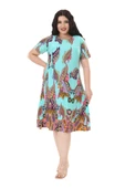 Melsay Butik Turkuaz Şal Desen Kısa Kollu Büyük Beden Midi Elbise thumbnail 1