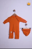 Babyhola %100 Pamuk Yaka Düğmeli İnterlok Reglan Kol Tulum Bere Takım 583 - 1