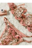 Çiçek Nakışlı Balenli Sütyen Takım - Pembe - 1