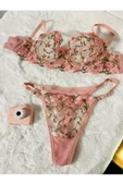 Çiçek Nakışlı Balenli Sütyen Takım - Pembe - 5