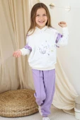 Kız Çocuk Kollarında Fırfır Detayı Üzerinde Gül Çiçek Baskılı Kapüşonlu Lila Eşofman Takım thumbnail 5