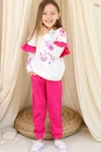 Kız Çocuk Kollarında Fırfır Detayı Üzerinde Gül Çiçek Baskılı Kapüşonlu Fuşya Eşofman Takım thumbnail 4