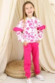 Kız Çocuk Kollarında Fırfır Detayı Üzerinde Yaprak Baskılı Kapüşonlu Fuşya Eşofman Takım thumbnail 1
