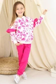 Kız Çocuk Kollarında Fırfır Detayı Üzerinde Yaprak Baskılı Kapüşonlu Fuşya Eşofman Takım thumbnail 4