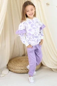 Kız Çocuk Kollarında Fırfır Detayı Üzerinde Yaprak Baskılı Kapüşonlu Lila Eşofman Takım thumbnail 5