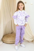 Kız Çocuk Kollarında Fırfır Detayı Üzerinde Yaprak Baskılı Kapüşonlu Lila Eşofman Takım thumbnail 6