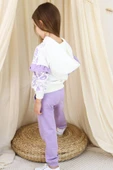 Kız Çocuk Kollarında Fırfır Detayı Üzerinde Yaprak Baskılı Kapüşonlu Lila Eşofman Takım thumbnail 2