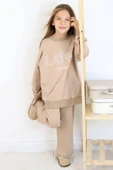Kız Çocuk Latte Yazı Baskılı Owersize Kazak Geniş Paça Bej Eşofman Takım - 6