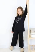 Kız Çocuk Latte Yazı Baskılı Owersize Kazak Geniş Paça Siyah Eşofman Takım - 1