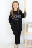 Kız Çocuk Latte Yazı Baskılı Owersize Kazak Geniş Paça Siyah Eşofman Takım - 3