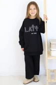 Kız Çocuk Latte Yazı Baskılı Owersize Kazak Geniş Paça Siyah Eşofman Takım - 2
