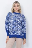 Kadın Triko Kazak Bisiklet Yaka Zebra Desenli Oversize Yırtmaçlı Saks Mavi - 3